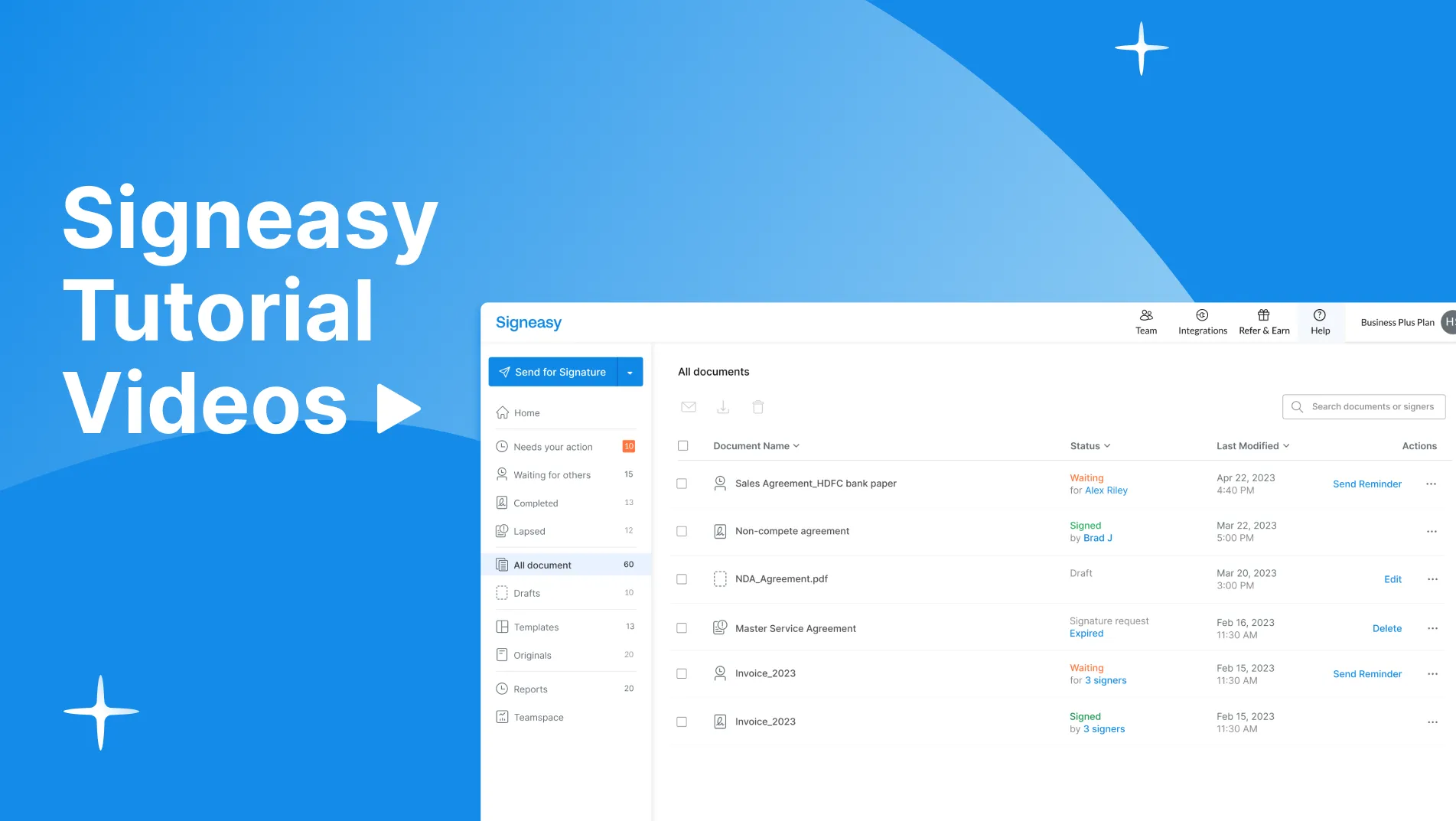 Signeasy app interface showing a document list with statuses like Waiting, Signed, and Draft on a blue background with the text 'Signeasy Tutorial Videos'.